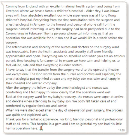 A fantastic experience with kind, friendly, personal and professional staff at all levels
